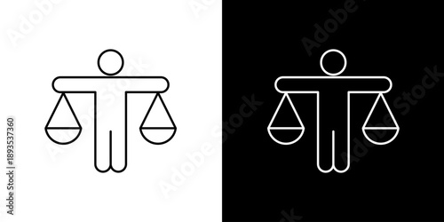 Symbolic graphic icon illustration of a person acting as a balance scale, representing the core values of justice, fairness, and equilibrium in law, decision, and rights