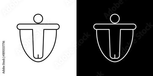 Abstract minimalist representation icon of a person inside a shield shape against a stark black and white background