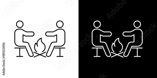 Minimalist line art icon depicting two individuals gathered around a crackling campfire, evoking themes of friendship, outdoor adventure, and shared moments