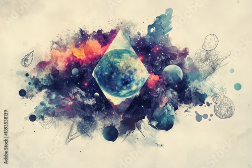 Earth and other planets are part of a colorful nebula with a superimposed diamond shape, creating a surreal and artistic cosmic scene