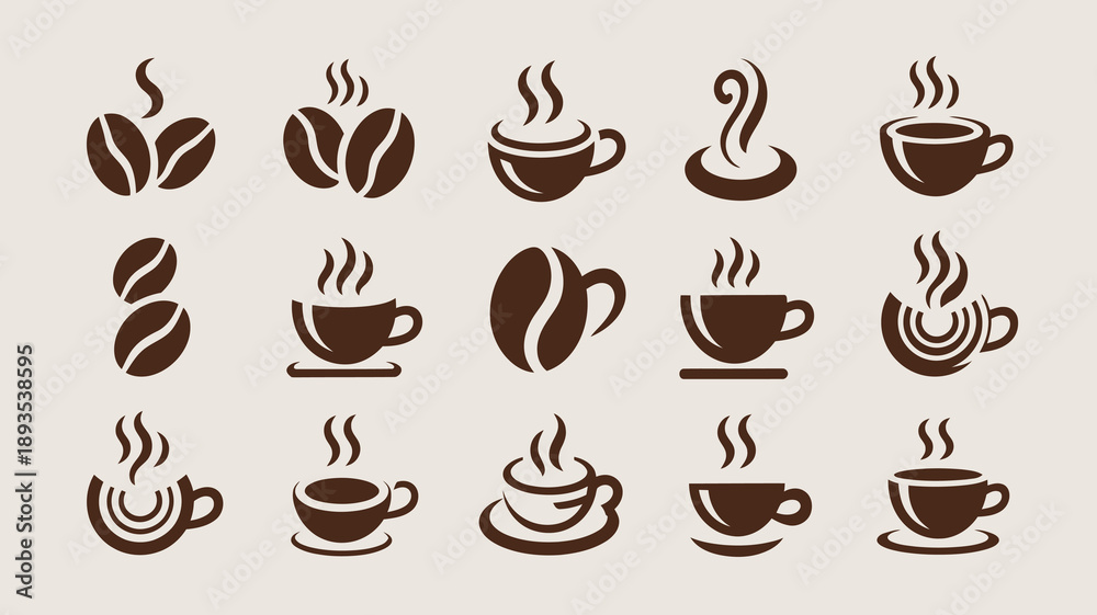Obraz premium An assortment of coffee beans steaming cups and coffee related icons are displayed in varying shades of brown on a beige background high quality professional detailed