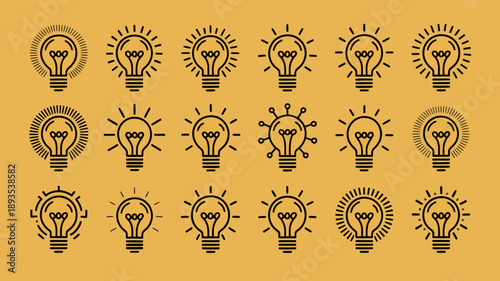 A repeating pattern showcases numerous black line art lightbulbs each emitting radiant lines against a solid mustard yellow background high quality professional detailed modern elegant stylish