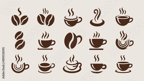 An assortment of coffee beans steaming cups and coffee related icons are displayed in varying shades of brown on a beige background high quality professional detailed