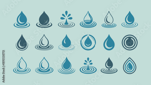 A collection of stylized water drop illustrations and budding plant symbols is arranged on a light blue background high quality professional detailed modern elegant stylish clean