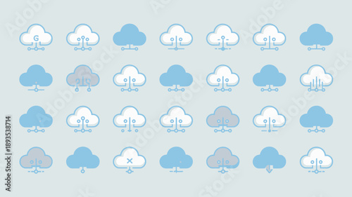 An array of stylized cloud icons primarily in shades of blue and gray arranged in a grid like pattern for digital interfaces high quality professional detailed