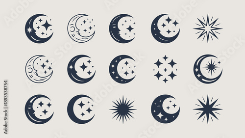 A collection of celestial designs featuring various phases of the moon stars and radiant sunbursts in a dark blue hue high quality professional detailed modern elegant