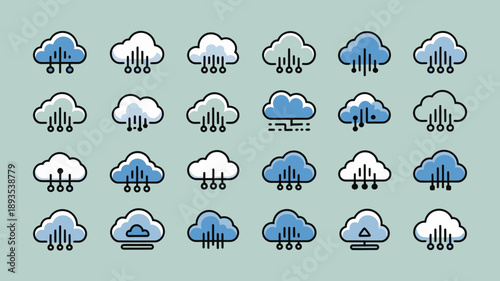 A collection of colorful cartoon style weather icons depicting various cloud formations and precipitation patterns on a light background high quality professional detailed modern elegant stylish