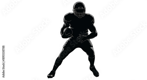 American football player in action, holding ball and preparing to throw, isolated on a plain background, viewed from the front.