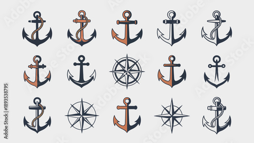A collection of nautical themed illustrations displays various anchor designs and compass roses in shades of blue orange and gray high quality professional detailed modern elegant