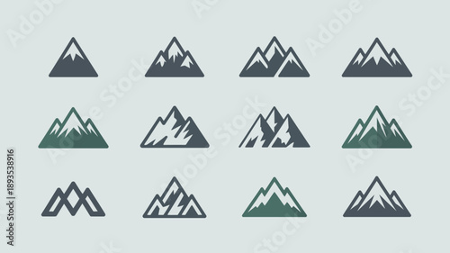 A collection of minimalist mountain icons in varying shades of green and gray are arranged in a grid like pattern on a light background high quality