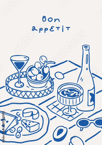 Dolce vita card design. Hand-drawn table with Italian holiday food and drink,...
