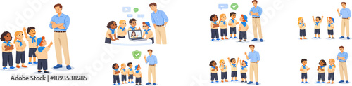 Set of flat vector illustrations showing a teacher and diverse children in different education scenarios. Concepts include active learning, teamwork, online education, safety rules, positive feedback 