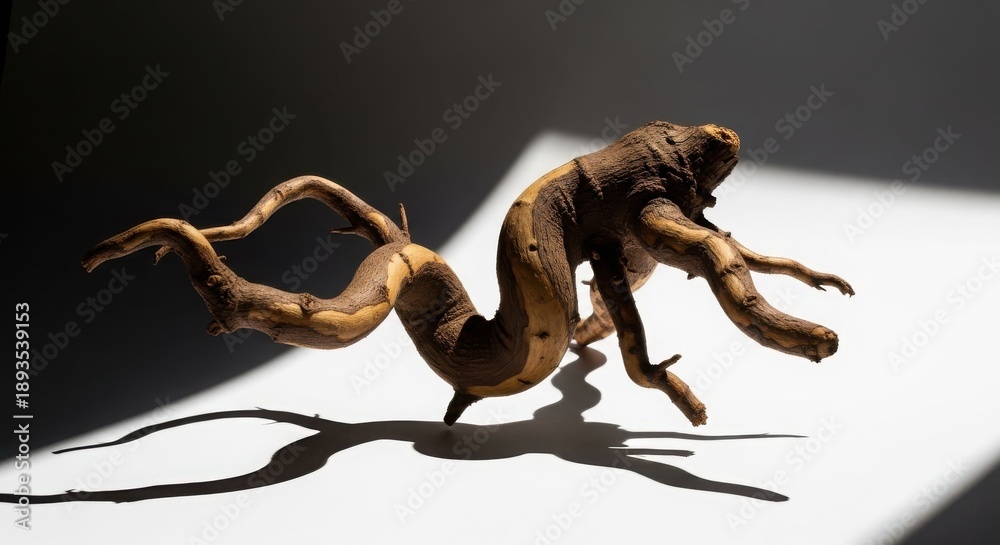 Fototapeta premium A gnarled, twisted, and textured root-like object with an organic, sculptural form casting dramatic shadows on a white surface.