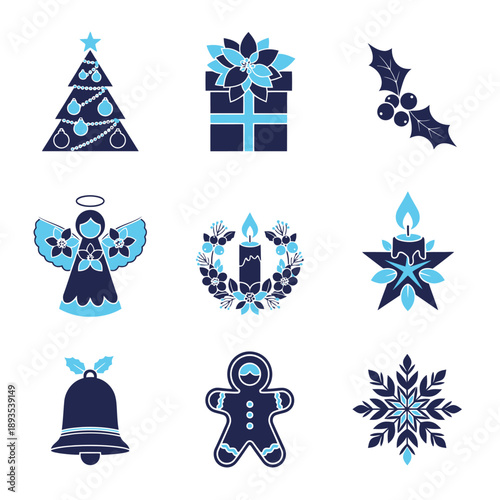 A flat duotone illustration showcases nine festive winter holiday icons with integrated floral patterns, utilizing a striking Navy Blue and Cyan two tone color scheme