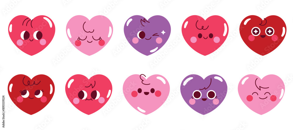 Fototapeta premium Cute heart characters clipart. Hand drawn playful doodle style mascot love set. 