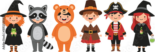 Cute Halloween Kids Costume Character Illustration Set Featuring Witch, Pirate, Animal, and Trick or Treat Children in Flat Vector Style