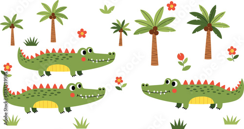 Cute Cartoon Crocodile Illustration Set with Palm Trees, Tropical Plants, and Funny Animal Characters in Flat Vector Style