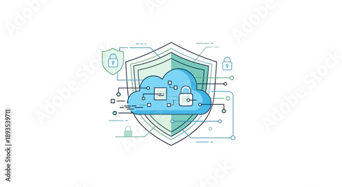 A vector icon of a shield protecting a cloud with servers, representing cloud computing security with elements of firewall and IT technology.
