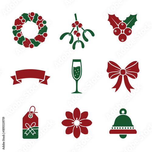 Professional duotone graphic illustration set of nine winter and festive symbols, including a wreath, mistletoe, and champagne glass, presented in bold crimson red and forest green colors