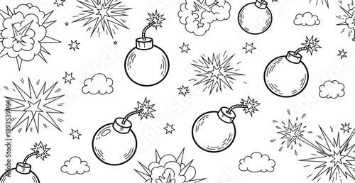 Hand Drawn Cartoon Explosion and Bomb Doodle Illustration Set with Comic Style Blasts, Clouds, and Action Effects Line Art Vector