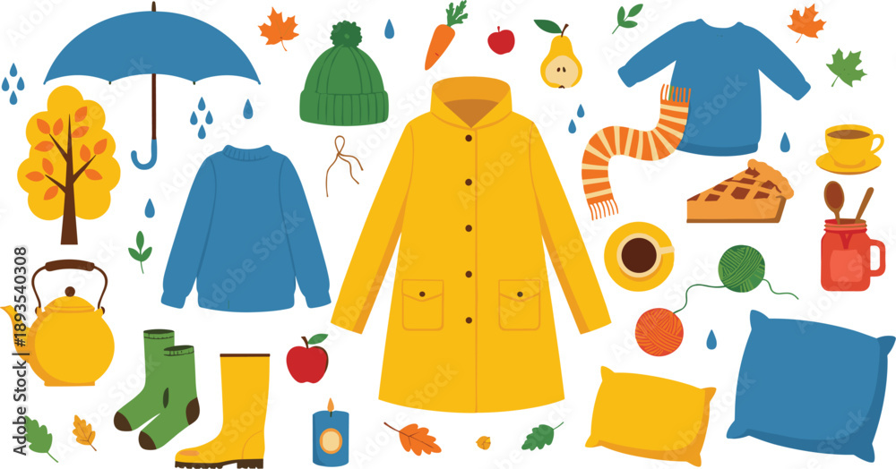 Fototapeta premium Autumn Cozy Lifestyle Illustration Set with Fall Clothing, Rain Accessories, Warm Drinks, Home Comfort Items, and Seasonal Elements in Cartoon Vector Style