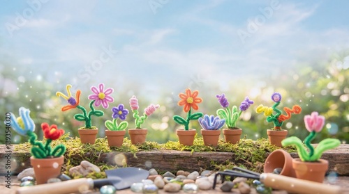 Whimsical Garden of Colorful Pipe Cleaner Flowers in Decorative Pots Surrounded by Sparkling Light and Natural Elements