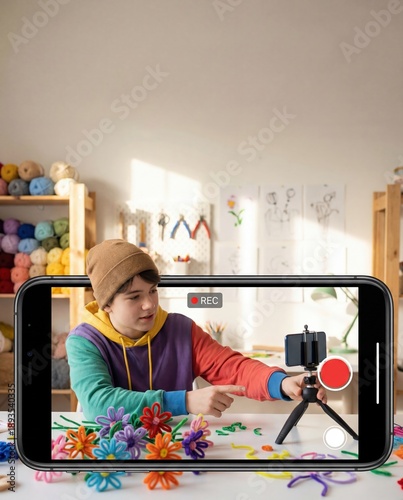 Teenager Filming Creative Tutorial on Bending Colorful Wires with Flowers in Cozy Crafting Space