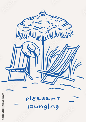 Beach poster design in Dolce vita doodle hand-drawn style. Deck chairs and sunshade umbrella on sand coast, sea resort. Sun loungers and parasol, summer travel card. Flat vector illustration