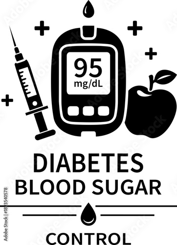 Diabetes Blood Sugar Control Glucose Monitoring Black and White Medical Icon