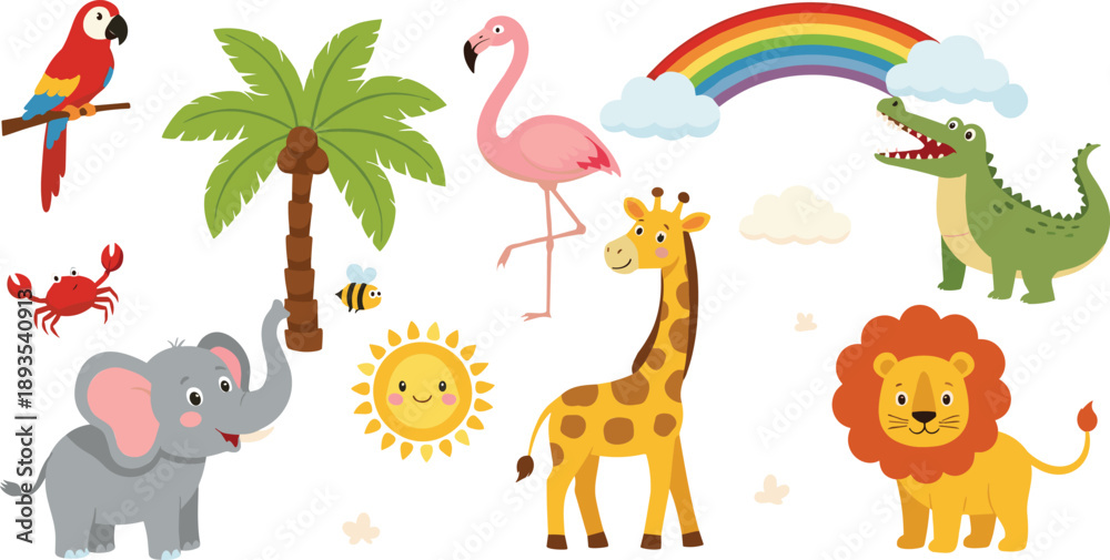 Obraz premium Cute Safari and Jungle Animals Illustration Set with Elephant, Giraffe, Lion, Crocodile, Flamingo, Parrot, and Tropical Nature Elements Vector
