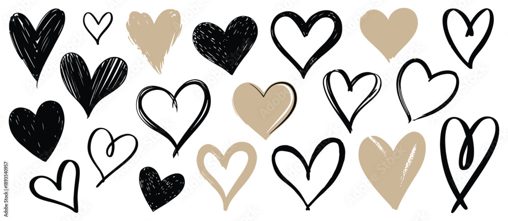 Fototapeta premium Cut Out Funky Hearts Scrapbook Doodle Elements with Hand Drawn Crayon Scribble Collage Stickers, Vector Torn Craft Paper Shapes with Texture for Design, Notebooks, Diaries and Journaling