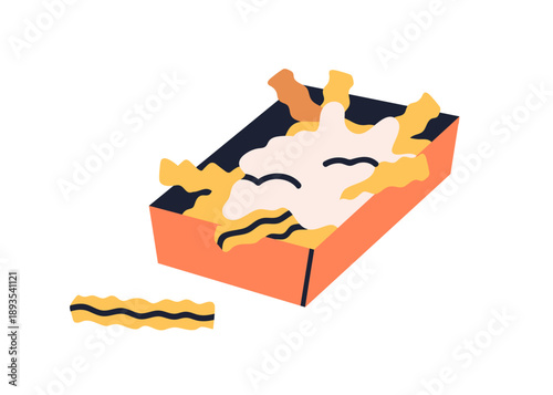 Crinkle French fries in box. Wavy potato snack with melted cheese, sauce topp...