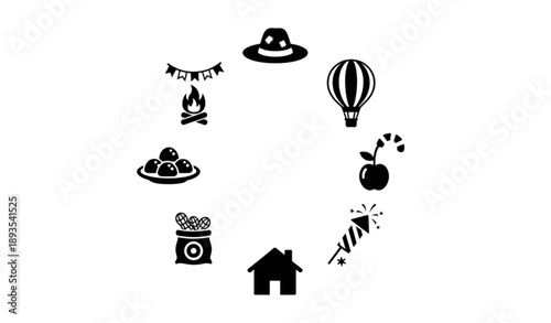 Flat Silhouette Festa Junina Icon Pack with Bonfire Flags Corn and Traditional Elements