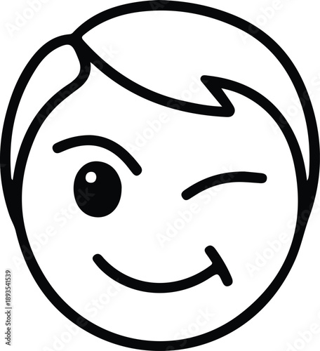 Winking Smiley Face Outline Icon, Simple black line illustration of a winking smiley face, expressing playful emotion, friendly mood, and cheerful communication in a minimal style.

