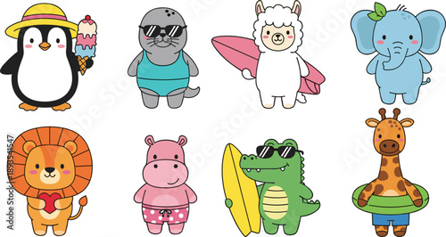 Cute Animal Cartoon Character Set with Penguin, Sloth, Alpaca, Elephant, Lion, Hippo, Crocodile, and Giraffe for Kids Vector Illustration