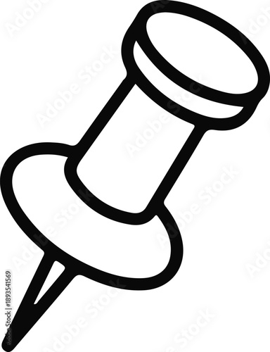 Black Push Pin Icon Illustration, Simple black push pin icon representing location marking, pinning notes, or navigation concepts, isolated on white background with minimal design.

