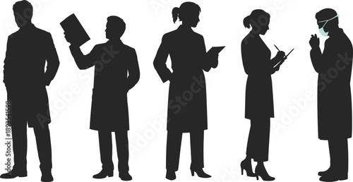 Black silhouette doctors and nurses standing with clipboards and tablets, medical professionals teamwork in hospital environment isolated on white background for healthcare concept design