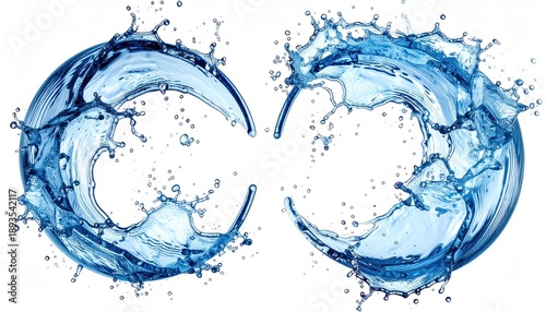 Two splashing water arcs creating a mirrored abstract design, white background