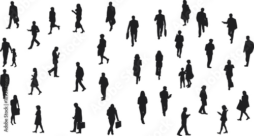 Black silhouettes of diverse people walking, business crowd figures isolated on white background, urban commuters, social movement concept, daily life illustration, modern society
