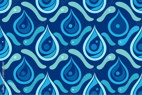 Seamless pattern with abstract blue water drops and fluid shapes on a dark background