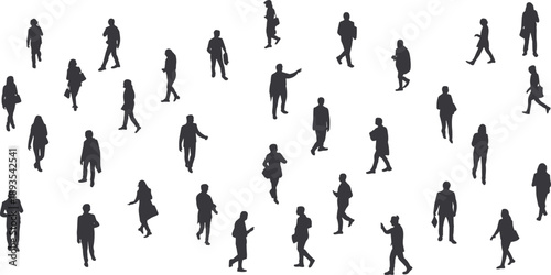 Black silhouettes of walking people, anonymous business crowd figures isolated on white background, urban commuters, social movement, modern city lifestyle illustration concept design