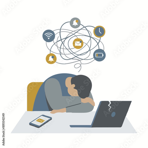 Tired worker at desk with notification overload thought cloud, digital fatigue and burnout concept, flat vector illustration.
