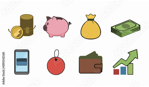 Title
Cute cartoon money icon set with smiling coins piggy bank and cash symbols in colorful vector style