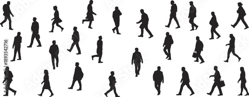 Collection of diverse walking people silhouettes isolated on white background showing men and women in motion for urban lifestyle and crowd concepts
