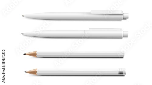 Set of white 3D realistic pen and pencil