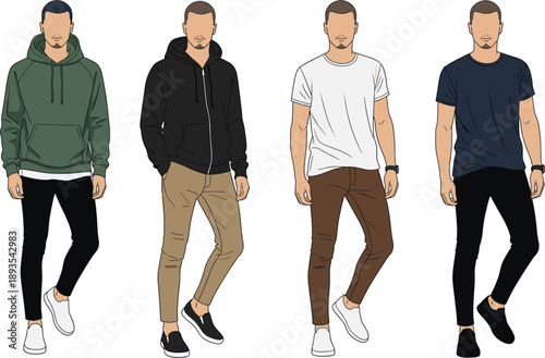 Vector collection of young men in casual streetwear outfits including hoodies and t-shirts with slim fit pants isolated on white background for fashion.