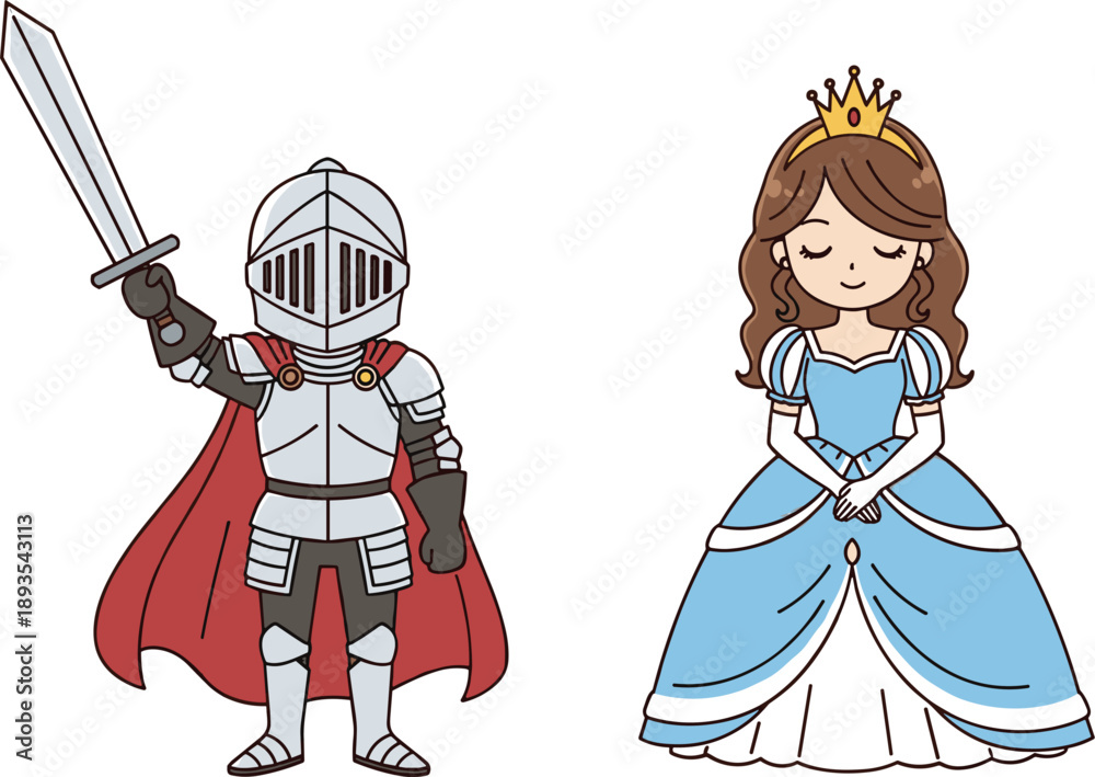 Fototapeta premium Cute Knight and Princess Cartoon Character Illustration Set for Fairy Tale Stories, Medieval Fantasy Themes, Kids Education, and Storybook Design Projects