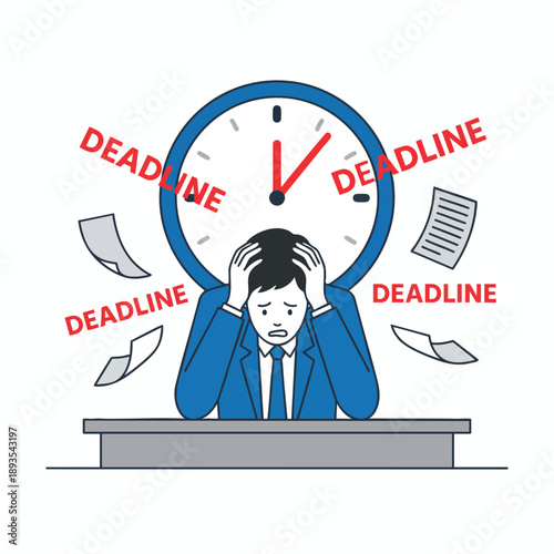 Businessman stressed under deadline clock with flying papers, time pressure and work urgency concept, flat vector illustration.
