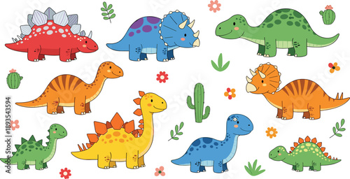Cute Cartoon Dinosaur Illustration Set with Colorful Prehistoric Characters for Kids Education, Nursery Decor, Learning Materials, and Playful Jurassic Designs