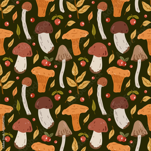 Autumn seamless pattern with mushrooms, chanterelles, leaves, berries on a dark background. Vector hand-drawn flat illustration. Ideal for wallpaper, wrapping paper, textiles. Botanical print.